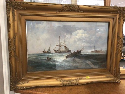 Lot 346 - Oil on board- blustery seascape scene in gilt frame, one other nautical oil on canvas in gilt frame, contemporary floral canvas and wall mirror (4)