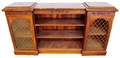 Lot 1314 - Of local interest: William IV figured goncalo alves breakfront bookcase with Colchester label for 'Nathaniel Cobb, Upholsterer, Auctioneer, Appraiser and Undertaker, 19 Head Street, Colchester'