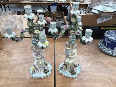 Lot 731 - Pair of Continental porcelain candelabrum together with Staffordshire figures.