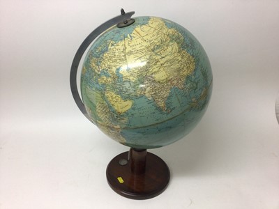 Lot 2408 - Philips 13 1/2 inch standard globe on wooden base with compass