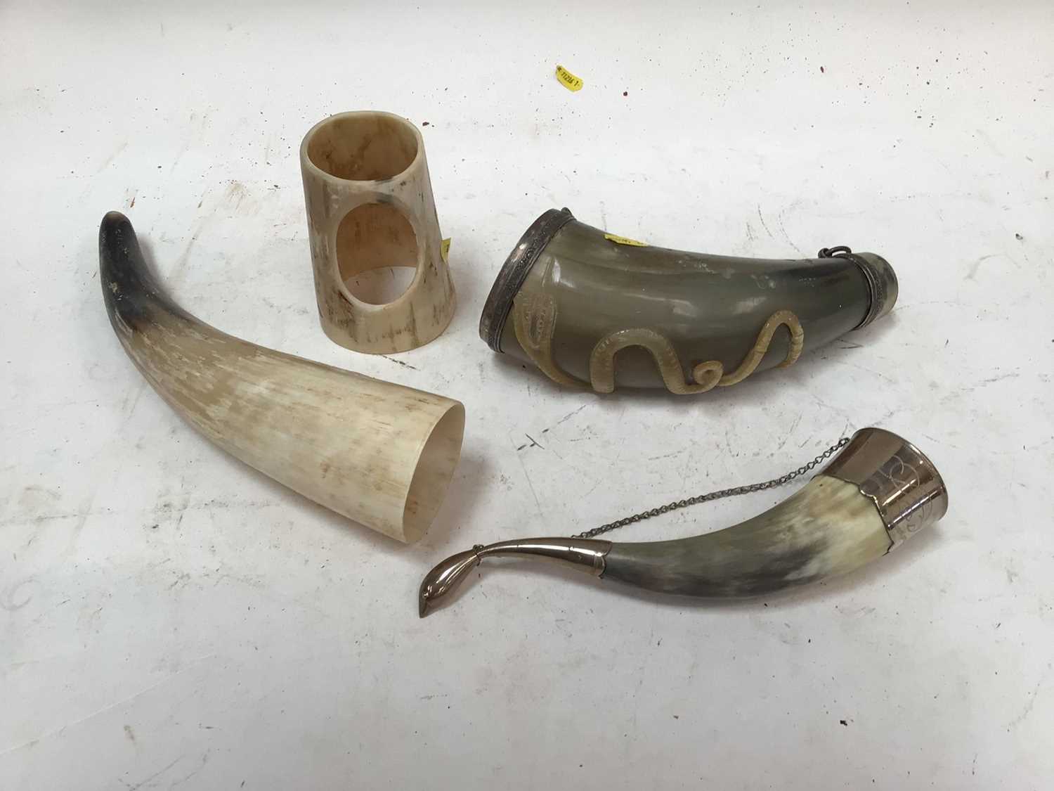 Lot 2657 Two horn powder flasks and two other horn