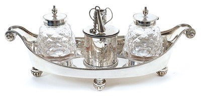 Lot 291 - Victorian silver inkstand of boat shaped form, with bead edge and scroll handles
