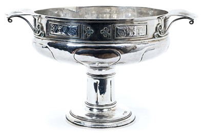 Lot 295 - Early 20th century silver twin handled fruit bowl of circular form, with Art Nouveau style decoration, raised on a fluted column and circular base (London 1913) Maker C.G.H. All at approximately 23...