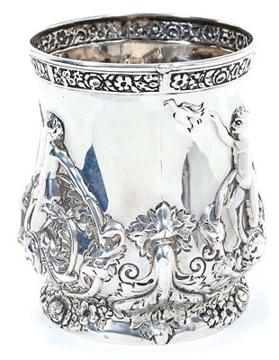 Lot 296 - Late Victorian silver beaker of baluster form, with raised decoration depicting children with doves