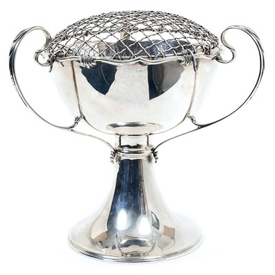 Lot 298 - Early George V silver triple handled rose bowl of circular form, on a tall pedestal base