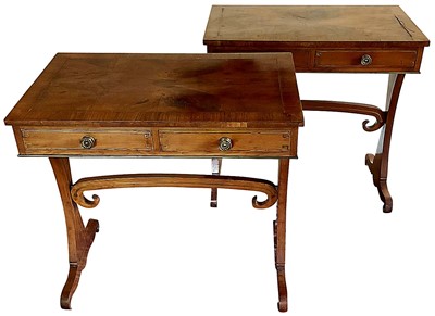 Lot 1400 - Rare pair of Regency yewwood and rosewood crossbanded two drawer side tables.