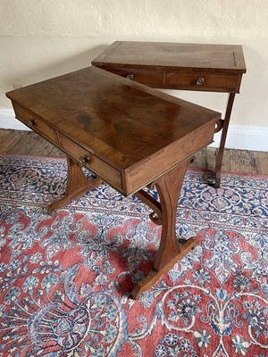Lot 1400 - Rare pair of Regency yewwood and rosewood crossbanded two drawer side tables.