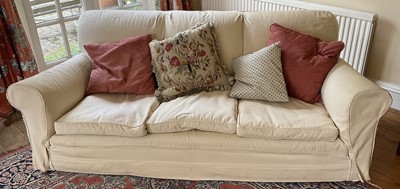 Lot 1405 - Country house style feather stuffed three seater sofa.