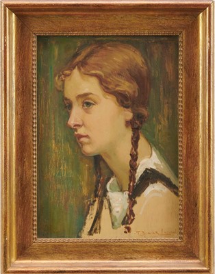 Lot 1063 - Thomas Bonar-Lyon (1873-1955) oil on panel, portrait of a young girl with plaited hair.