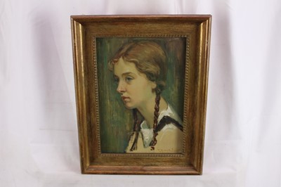 Lot 1063 - Thomas Bonar-Lyon (1873-1955) oil on panel, portrait of a young girl with plaited hair.