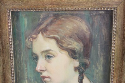 Lot 1063 - Thomas Bonar-Lyon (1873-1955) oil on panel, portrait of a young girl with plaited hair.