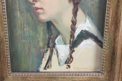 Lot 1063 - Thomas Bonar-Lyon (1873-1955) oil on panel, portrait of a young girl with plaited hair.