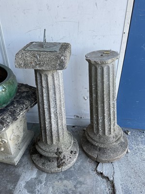 Lot 1306 - Garden sundial on concrete pedestal together with a similar concrete garden pedestal and a concrete garden bench and five green glazed garden planters