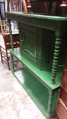 Lot 1155 - Antique green painted carved oak court cupboard