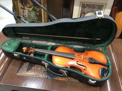 Lot 94 - Violin and bow with 'Copy of Stradivarius' label, in hard case