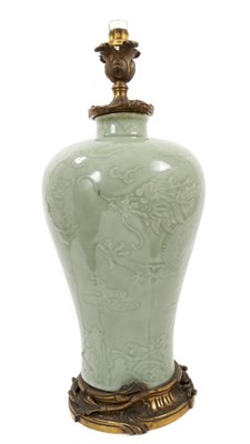 Lot 723 - Chinese celedon glazed vase, now as a lamp with continental ormolu mounts