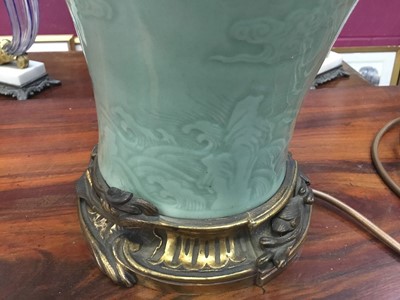 Lot 723 - Chinese celedon glazed vase, now as a lamp with continental ormolu mounts