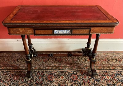 Lot 1410 - Fine quality mid-19th century amboyna and satinwood inlaid card table, with Wedgwood jasperware plaque.