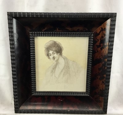 Lot 91 - 19th century English School - pencil study of a woman, 14cm x 16cm, in faux tortoiseshell frame.
