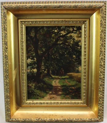 Lot 277 - Allan Ramsey, early 20th century oil on board, figure on a track, 21cm x 16cm, in gilt frame.