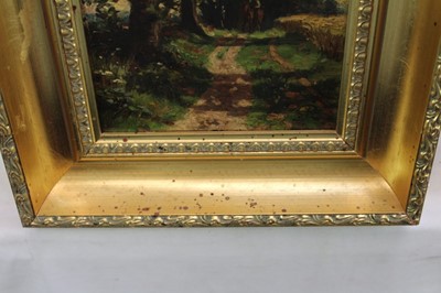 Lot 132 - Allan Ramsey, early 20th century oil on board, figure on a track, 21cm x 16cm, in gilt frame.