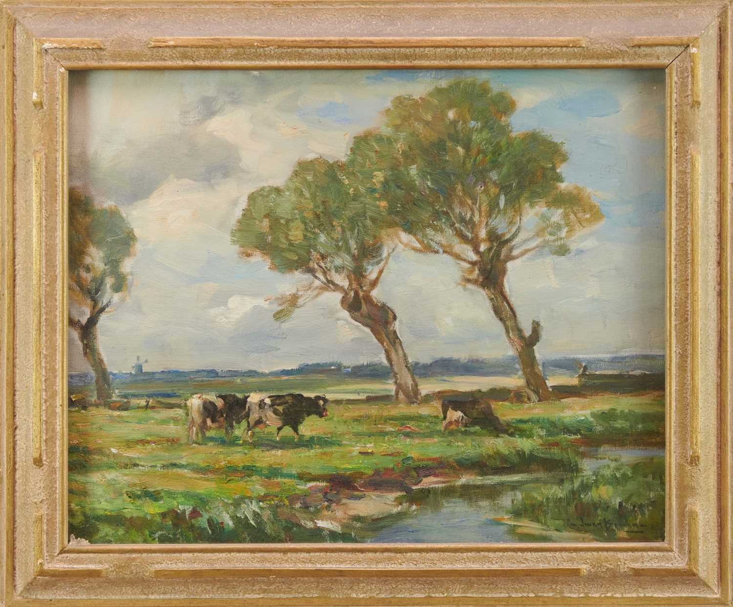 Lot 1061 - *Owen Bowen (1873-1967) oil on canvas - Three Willows, Volendam, signed, 39cm x 49cm, in glazed gilt frame