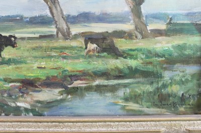 Lot 1061 - *Owen Bowen (1873-1967) oil on canvas - Three Willows, Volendam, signed, 39cm x 49cm, in glazed gilt frame