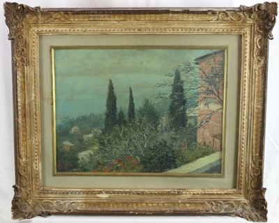 Lot 1069 - Continental School, early 20th century, oil on board - Hilltop Veranda, indistinctly signed, 29cm x 39cm, in glazed frame