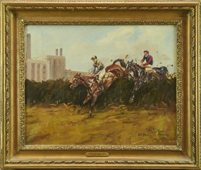 Lot 999 - *John Gregory King (1929-2014), oil on canvas, Last Fence, Grand National 1965, signed and inscribed as titled.