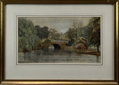 Lot 85 - English School, early 19th century watercolour - a country park with church tower beyond, inscribed indistinctly