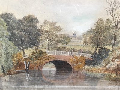 Lot 85 - English School, early 19th century watercolour - a country park with church tower beyond, inscribed indistinctly