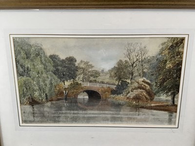Lot 135 - English School, early 19th century watercolour - a country park with church tower beyond, inscribed indistinctly