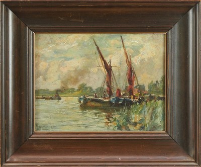 Lot 1078 - William Watt Milne (1865-1949) oil on board, barges on the river, signed.