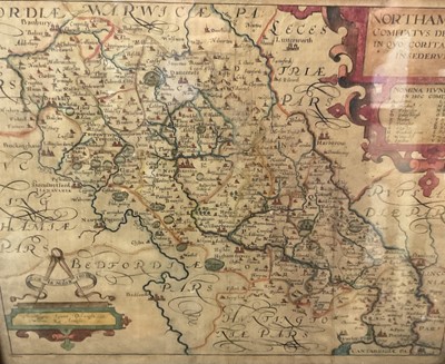 Lot 296 - Christopher Saxon engraved hand coloured map of Northampton, assorted amusing sporting prints, engravings and other decorative pictures