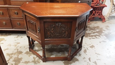 Lot 1145 - Old Charm oak credence cupboard with two linenfold panelled doors and central carved Prince of Wales Feathers, commemorating the marriage of HRH Prince Charles and Lady Diana Spencer 1981, 90cm wid...