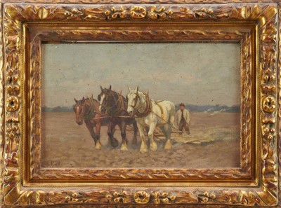 Lot 1087 - J Hall, early 20th century, oil on board, The Plough Team, signed and dated 1910, 25cm x 41cm, in good 18th century gilt frame.