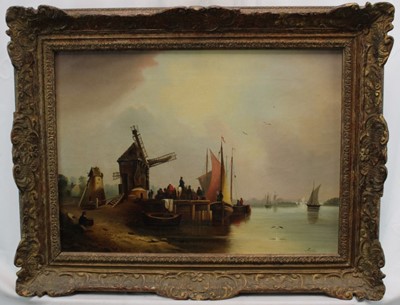 Lot 1094 - J Bolly, 19th century Dutch School, oil on canvas, figures by a harbour, signed, 34cm x 47cm, in gilt frame