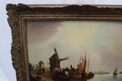 Lot 1094 - J Bolly, 19th century Dutch School, oil on canvas, figures by a harbour, signed, 34cm x 47cm, in gilt frame