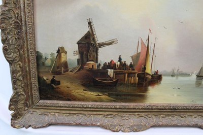 Lot 1094 - J Bolly, 19th century Dutch School, oil on canvas, figures by a harbour, signed, 34cm x 47cm, in gilt frame