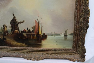 Lot 1094 - J Bolly, 19th century Dutch School, oil on canvas, figures by a harbour, signed, 34cm x 47cm, in gilt frame