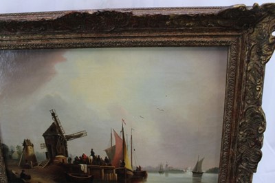 Lot 1094 - J Bolly, 19th century Dutch School, oil on canvas, figures by a harbour, signed, 34cm x 47cm, in gilt frame