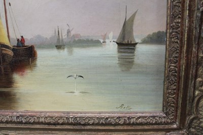 Lot 1094 - J Bolly, 19th century Dutch School, oil on canvas, figures by a harbour, signed, 34cm x 47cm, in gilt frame
