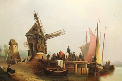 Lot 1094 - J Bolly, 19th century Dutch School, oil on canvas, figures by a harbour, signed, 34cm x 47cm, in gilt frame
