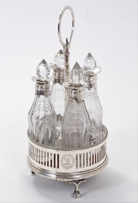 Lot 309 - George III silver four piece cruet of circular pierced form, with bead border