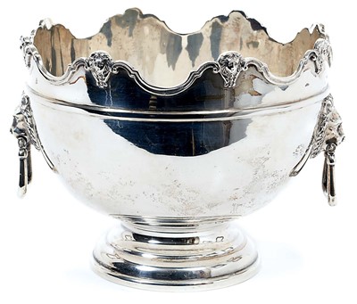 Lot 310 - 1920s silver bowl of circular form, with lion mask scroll border and twin lion mask ring handles