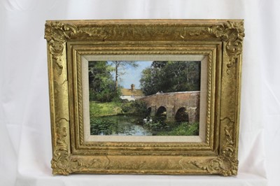 Lot 982 - *Clive Madgwick (1934-2005) acrylic on canvas - Summer at Chelsworth, signed, 18cm x 25.5cm, in gilt frame
