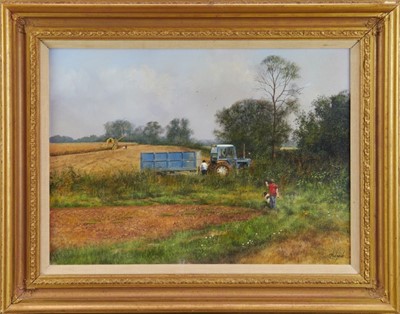 Lot 983 - *Clive Madgwick (1934-2005) acrylic on canvas - Harvest scene entitled 'A evening draws near’, signed, 41cm x 56cm, in gilt frame