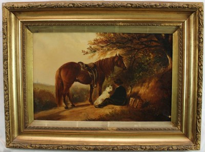 Lot 1081 - Follower of Edward Smythe, oil on canvas, Boy resting with horse and dog, bears signature.