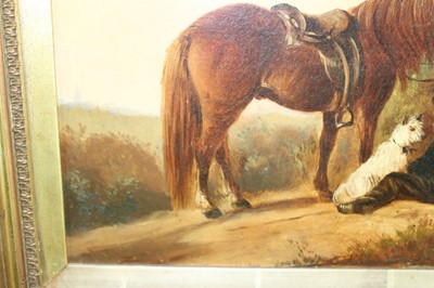 Lot 1081 - Follower of Edward Smythe, oil on canvas, Boy resting with horse and dog, bears signature.