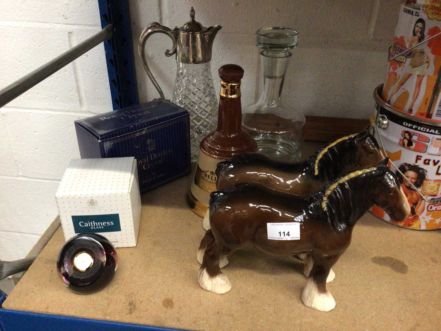 Lot 114 - Beswick and Royal Doulton horses, Caithness clock, silver plated claret jug, artists easel, etc